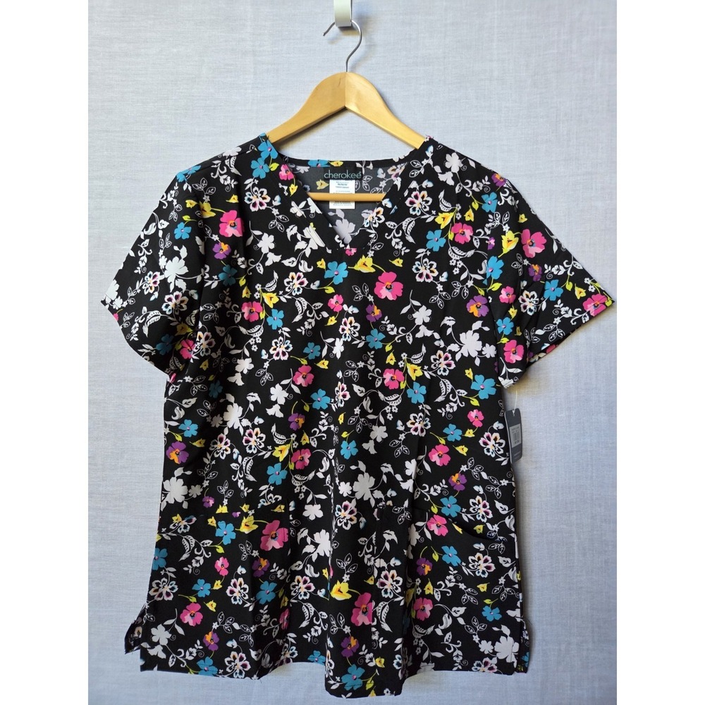 NWT Women's Cherokee Scrub Top Beautiful Floral Print Scrubs V Neck Medium New